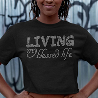 Vente en gros d'usine Crystal Living My Blessed Life T-shirt noir à manches courtes pour femmes