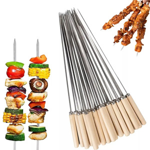 Brochettes de barbecue en bois à long manche de haute qualité, brochettes plates en acier inoxydable pour grillades extérieures, écologiques, pour viande - Product Image 4