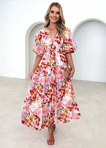 Vestido estampado <span class=keywords><strong>de</strong></span> vacaciones para mujer, escote en V profundo, elegante, Manga corta acampanada, cintura alta, vestido acampanado, bata <span class=keywords><strong>de</strong></span> fiesta colorida para mujer - Product Image 3