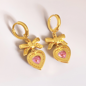 Pendientes de Aro Colgantes con Lazo y Piedra de Corazón Rosa de Circonita Cúbica Chapados en Oro para Mujer, al por Mayor, de Moda - Product Image 6