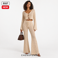 Pantalon long évasé pour femme, style rétro bohème, à rayures chevron, en tricot crocheté, avec cordon de serrage à la taille, personnalisable (Logo, OEM, ODM)