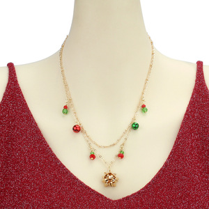Collier de Noël cloche et flocon de neige en alliage de zinc, double couche, bijoux de fête avec strass et pendentif arbre - Product Image 2