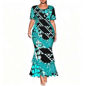 Abito Lungo da Donna Plus-Size con Stampa Polinesiana Personalizzata, Elegante Collo Tondo e Orlo Asimmetrico con Volant - Product Image 4