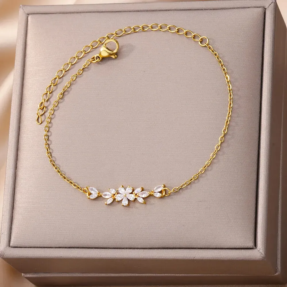 Elegante Zirkoon Bloemen Armband Voor Vrouwen Meisjes Charme Goud Kleur Rvs Plant Armbanden Luxe Designer Sieraden Geschenken