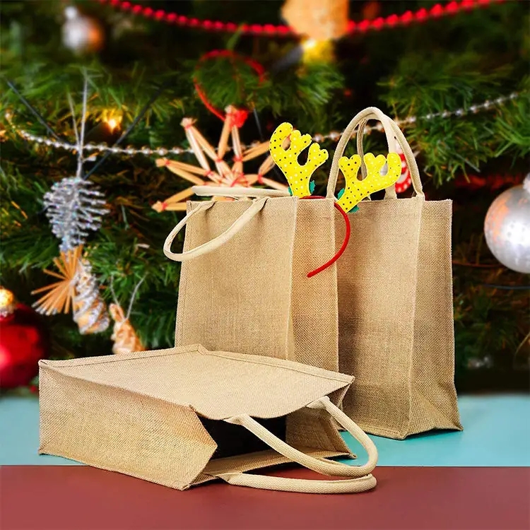 Large Burlap Reusable Jute Canvas Gift Favors Bag with Handles