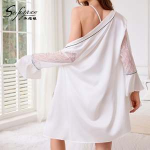 Conjunto de camisón y bata de satén de lujo estilo francés Sfy4040, camisola sexy con encaje - estilo lencería para mujer. - Product Image 4