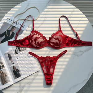 Wholesale Women's Floral Embroidery Sheer Mesh Bra and Thong <b>Set</b> 2 Piece Lace Plus Size Lingerie <b>Set</b> Breathable <b>Sexy</b> Bra <b>Set</b> - Product Image 5