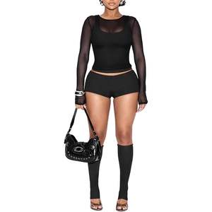 Conjunto de Top y Shorts de Malla Transparente para Mujer 2026, Estilo Bodycon con Cuello Cuadrado, Atuendo de Club, Cintura Natural, Negro - Product Image 1