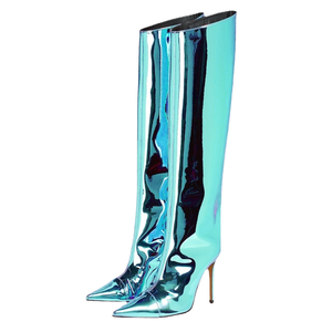 Botas de Tacón Alto y Fino, Puntiagudas, de Cuero Brillante, Color Dorado y Plateado, con Lámina Metálica Láser, Diseño de Serpiente, Botas de Moda Talla 42 - Product Image 4