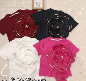 Camiseta de Verano para Niñas, Ecológica, de Algodón 3D, de Manga Corta, con Cuentas Bonitas, Cuello Redondo, Estilo Polo - Product Image 2