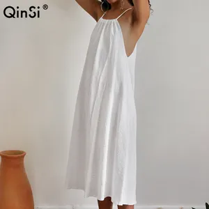 QINSI kadınlar bayanlar için 2022 sonbahar kıyafeti spagetti kayışı pijama dantel Up beyaz gece elbisesi rahat kadın elbise