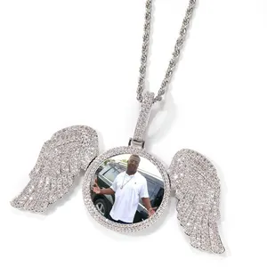 Thời Trang Cặp Đôi DIY Không Thấm Nước Tưởng Niệm Iced Out Diamond Lớn Bạc Angel Wings Khung Ảnh Vòng Cổ