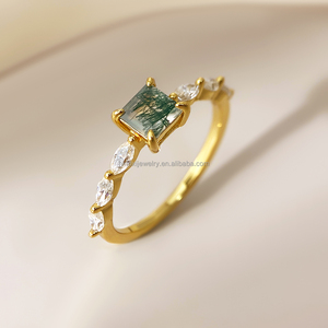 Natural Classic <b>Moss</b> <b>Agate</b> Jewelry Princess Cut Silver Plated Engagement <b>Ring</b> with Claw Setting for Women Anniversary Gift - Product Image 3