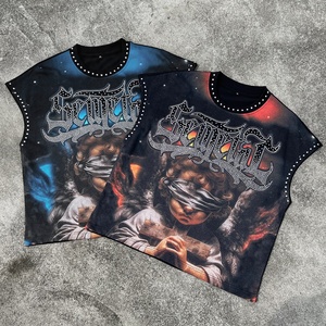 Streetwear Boxy Acid Wash T-Shirt 100% Cotton Rhinestone <strong>Cropped</strong> Tank <strong>Top</strong> Custom Screen Printed Sleeveless Shirts <strong>for</strong> <strong>Men</strong> - Product Image 1
