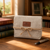 Pochette en lin double couche avec étiquette en cuir PU et nœud en corde de jute pour emballage cadeau, cadeau de mariage, ou étui à cosmétiques
