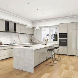 Ensemble de meubles de cuisine en îlot au design moderne pour appartements et villas, meubles en bois personnalisables avec structure en acier inoxydable - Product Image 1
