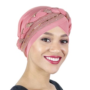 Hijab pañuelo para la cabeza envoltura árabe musulmán trenzado trenza <span class=keywords><strong>turbante</strong></span> gorra Bandanas <span class=keywords><strong>turbante</strong></span> africano con lentejuelas trenza <span class=keywords><strong>turbante</strong></span> sombrero para mujer - Product Image 1