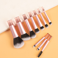 Set Kuas Makeup Mini 10 Buah Single Dreamy dengan Gagang Pendek untuk Bedak Tabur & Foundation, Portabel, Warna Pink