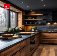 Meuble de cuisine Alland de qualité supérieure, moderne, en bois naturel, avec étagères ouvertes et pierre frittée noire, pour maison neuve sur mesure