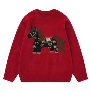 Pull Joychuang pour le Nouvel An, col <span class=keywords><strong>rond</strong></span> rouge, année du cheval, unisexe, hiver, Noël, superposition, tricoté, lourd, t-shirt - Product Image 3