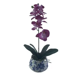 Fonte Fábrica direta porcelana vaso cerâmica azul flor pote com falso roxo orquídea para decoração home