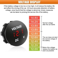 Voltmètre numérique LED rond 12V-24V DC, testeur de batterie de voiture 2 broches pour bateau, camion, camping-car, moniteur de tension basse tension marine