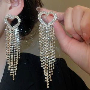 Boucles d'oreilles de luxe pour femmes, longues, en forme de cœur, avec pampilles, strass et zircon, pour soirée, fête ou mariage - Product Image 5