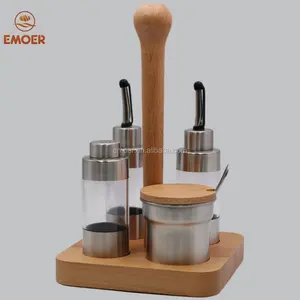 Conjunto de triturador de tempero, frasco de tempero, pimenta, pote, dispensador de vinagre, com suporte de madeira