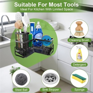 Étagère de rangement murale moderne et écologique pour évier de cuisine avec plateau rotatif, support amovible pour brosse à vaisselle et égouttoir - Product Image 2