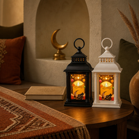 Lanterne vintage à LED avec motif de mosquée et de lune imprimé, lampe à bougie électronique fonctionnant sur piles pour la décoration de la maison pendant le Ramadan Kareem