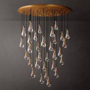 Lustre LED rond en laiton de 60 pouces pour hall d'entrée, villa de luxe, salon, grand lustre moderne en verre en forme de goutte de pluie pour escalier - Product Image 1