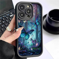 Nouvelle coque de téléphone portable antichoc en TPU avec motif papillon bleu forêt et protection d'objectif en forme d'échelle pour iPhone 12 13 14 15 16 17 18 Pro Max