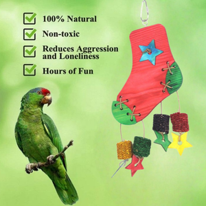 Juguete masticable de Navidad para loros, de madera natural, con forma de estrella, de mazorca de maíz y de lufa, juguete molar colgante para pájaros, para loros medianos y grandes, cacatúas - Product Image 4