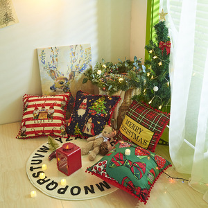 Fournitures <span class=keywords><strong>de</strong></span> décoration <span class=keywords><strong>de</strong></span> noël taie d'oreiller père noël noël rouge à carreaux rayure oreillers coussins couverture avec pompons - Product Image 2