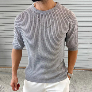 T-shirt en tricot pour homme, blanc uni, manches courtes, col rond, haut décontracté, vêtements pour jeunes - Product Image 3