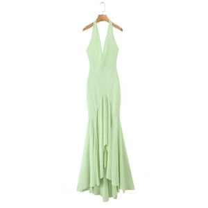 Robe longue décontractée et tendance pour femme, sans manches, dos évidé, couleur verte, style licou, en promotion - Product Image 1
