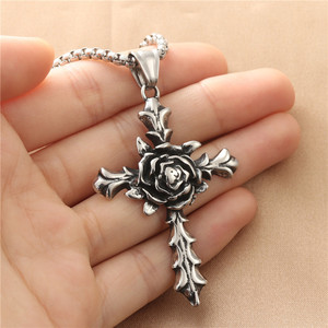 European American Style Stainless Steel <b>Cross</b> Pendant <b>With</b> Rose Design Men's Necklace Gift 190163 - Product Image 3