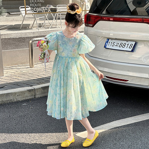 Robes florales pour filles 2026 – Nouvelle collection été pour adolescentes : Robe verte à manches courtes bouffantes et imprimé floral - Product Image 2