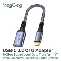 Adaptador VegGieg USB C 3.2 OTG de 10 Gbps, Carcasa de Aleación de Aluminio Gris Metálico con Cable OFC Trenzado de Malla Negra y Gris, Alta Velocidad Tipo C