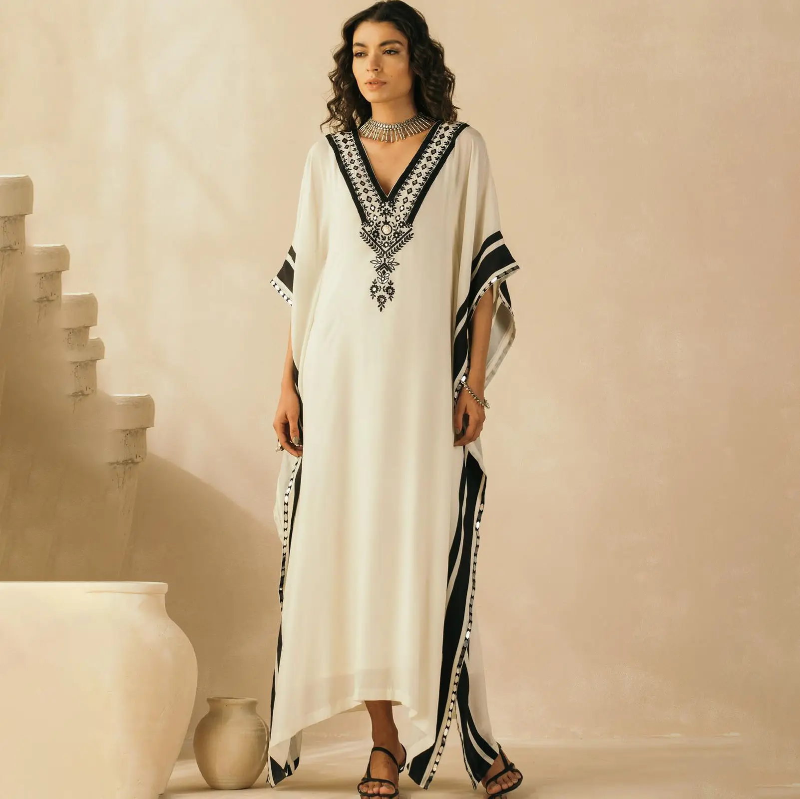 Шелковое Длинное Макси-платье Aschulman большого размера с принтом на заказ, белое платье-кафтан, дабай для женщин