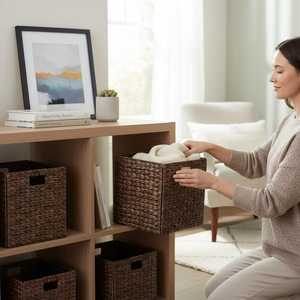 Juego de 4 Cestas de Almacenamiento Tejidas Estilo Espresso, Cestas Hechas a Mano de Jacinto de Agua, Organizador Ecológico para Decoración Rústica - Product Image 4