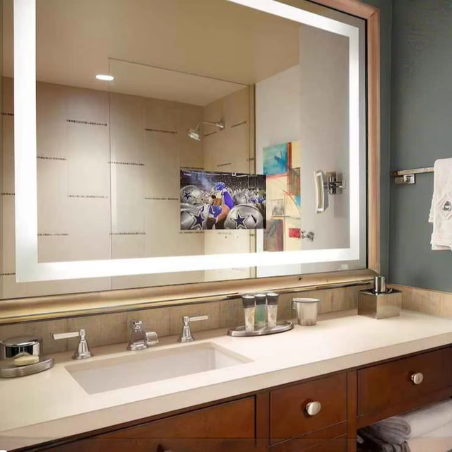 High-End Modern LED Smart TV Bathroom Mirror Aluminum Alloy Frame High Output Front Lighting Touch Sensor Switch IP44 Rated