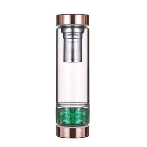 Groothandel Custom Logo Borosilicate Rvs Rose Gold Bamboe Deksel Glas Water Fles Met Crystal Gem Binnen