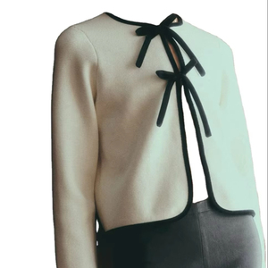 Cardigan décontracté court à manches régulières et nœud papillon de style français pour femmes, col en V sexy, personnalisable disponible - Product Image 1