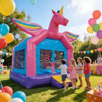 Château gonflable DST Unicorn Pegasus en PVC, capacité supérieure à 500 kg, dimensions 4x4x4 m, ailes arc-en-ciel, thème rose/bleu/violet