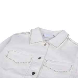 Jaqueta jeans branca para crianças, jaqueta jeans para meninas e crianças com gola virada para baixo, novo design OEM ODM