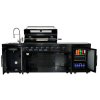 Cuisine extérieure de haute qualité en acier inoxydable SS304 noire avec évier et réfrigérateur de 68 L, barbecue à gaz 6 brûleurs pour la cuisson et les grillades en extérieur