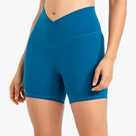Pantalones cortos deportivos para mujer, en la cintura diseño cruzado, con logotipo personalizable, para yoga y motociclista, venta al por mayor