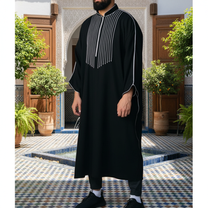 Lightweight Handmade Breathable Vintage Moroccan Embroidered Polyester <b>Thobe</b> <b>Men's</b> Traditional Muslim Clothing Floor Length - Product Image 3