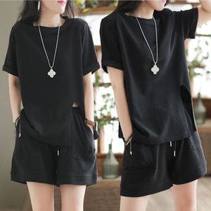 Ensemble décontracté 2 pièces multicolore pour <span class=keywords><strong>femme</strong></span>, haut en maille French Terry effet coton + short ample, ensemble de vêtements de détente - Product Image 4